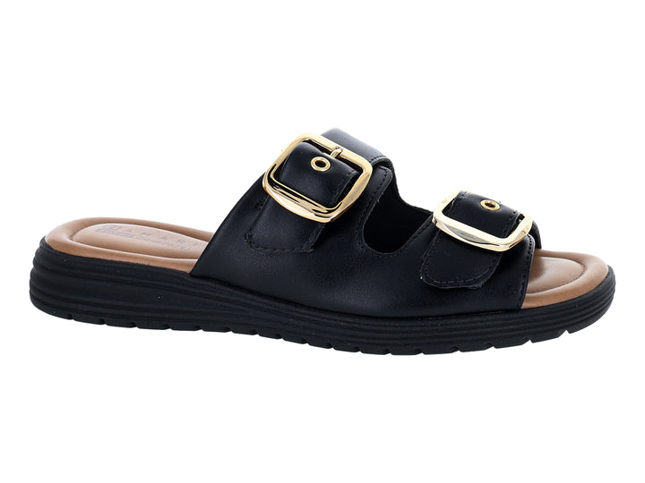 Sandalias negras para mujer con dos correas, hebillas doradas y plantilla color marrón.