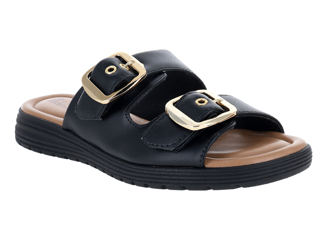 Sandalias negras para mujer con dos correas, hebillas doradas y plantilla color marrón.