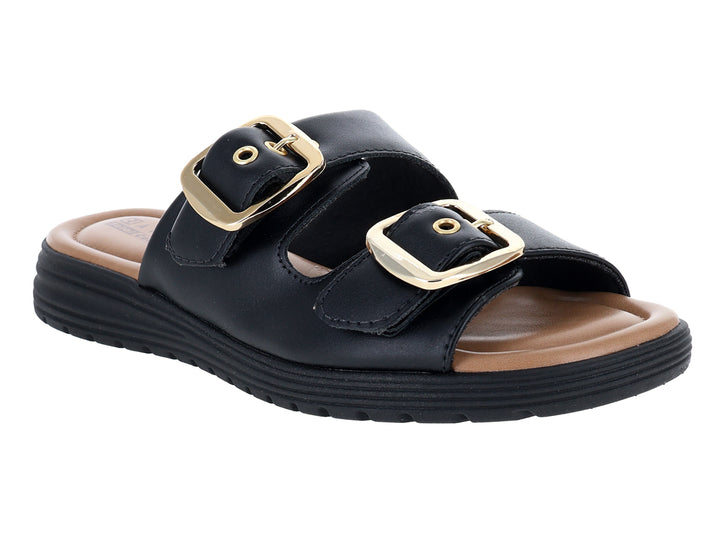 Sandalias negras para mujer con dos correas, hebillas doradas y plantilla color marrón.