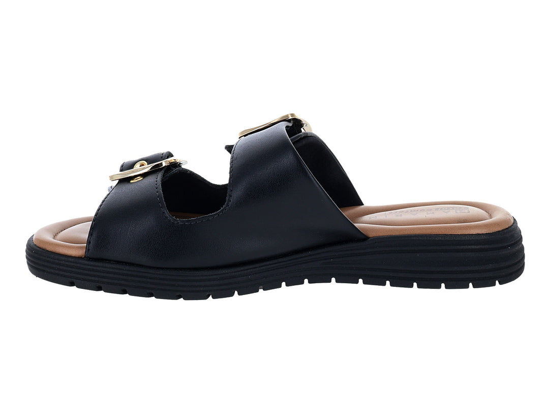 Sandalias negras para mujer con dos correas, hebillas doradas y plantilla color marrón.