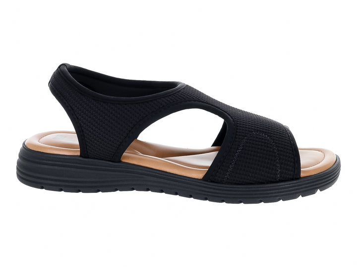 Sandalia confort Ramarim color negro con suela gruesa y plantilla beige para mujer.