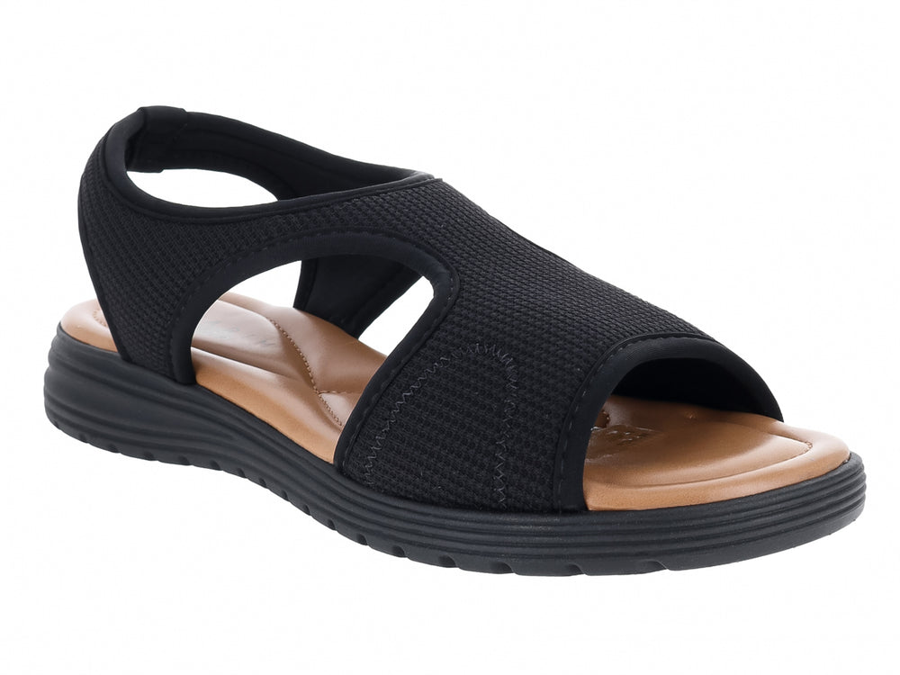 Sandalia confort Ramarim color negro con suela gruesa y plantilla beige para mujer.