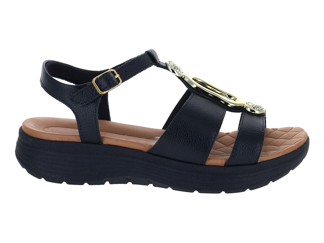 Sandalias negras de confort Ramarim para mujer con detalles dorados y suela gruesa.