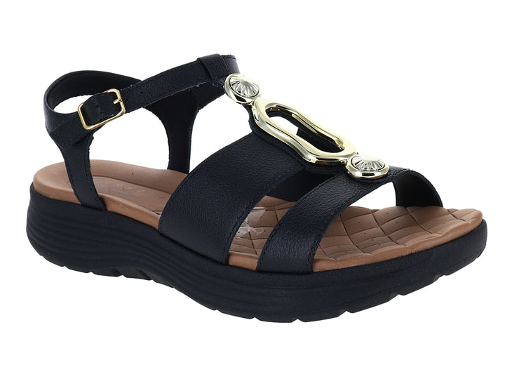 Sandalias negras de confort Ramarim para mujer con detalles dorados y suela gruesa.