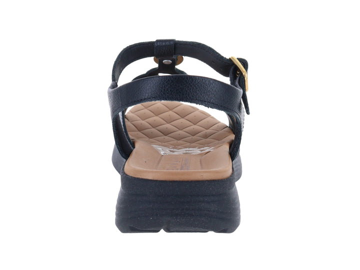 Sandalias negras de confort Ramarim para mujer con detalles dorados y suela gruesa.