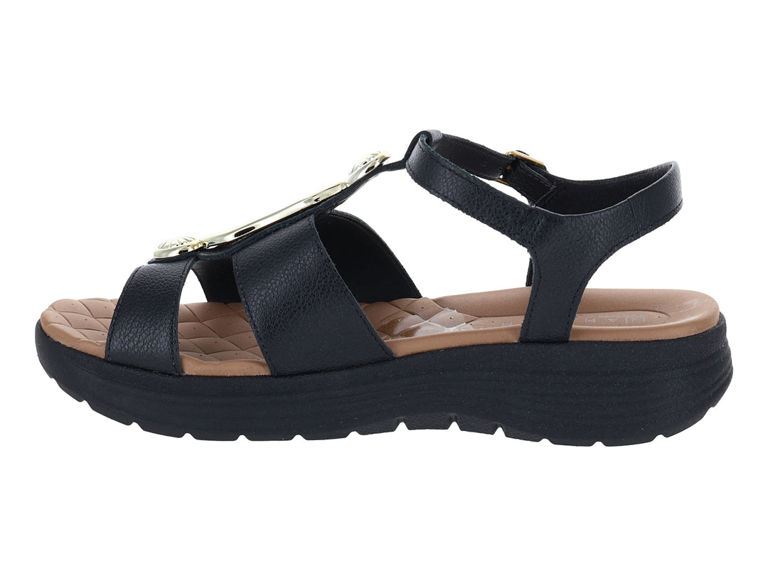 Sandalias negras de confort Ramarim para mujer con detalles dorados y suela gruesa.