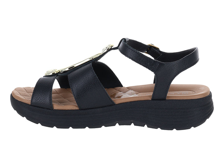 Sandalias negras de confort Ramarim para mujer con detalles dorados y suela gruesa.