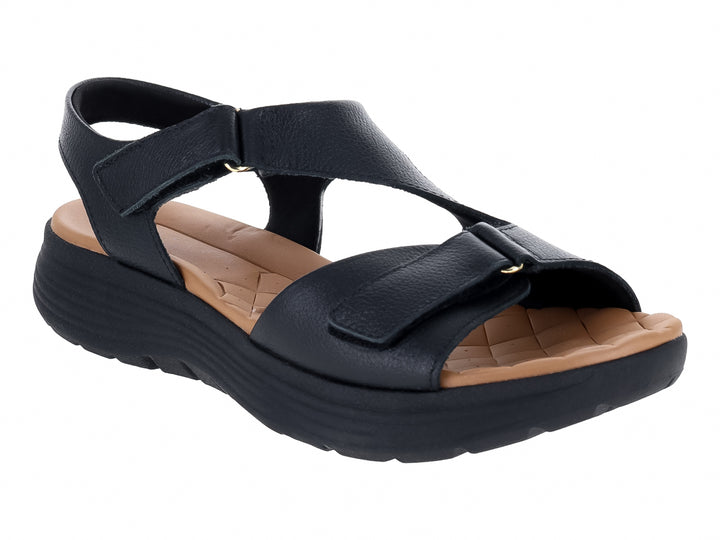 Sandalias negras de confort Ramarim con suela gruesa y plantilla color café para mujer.