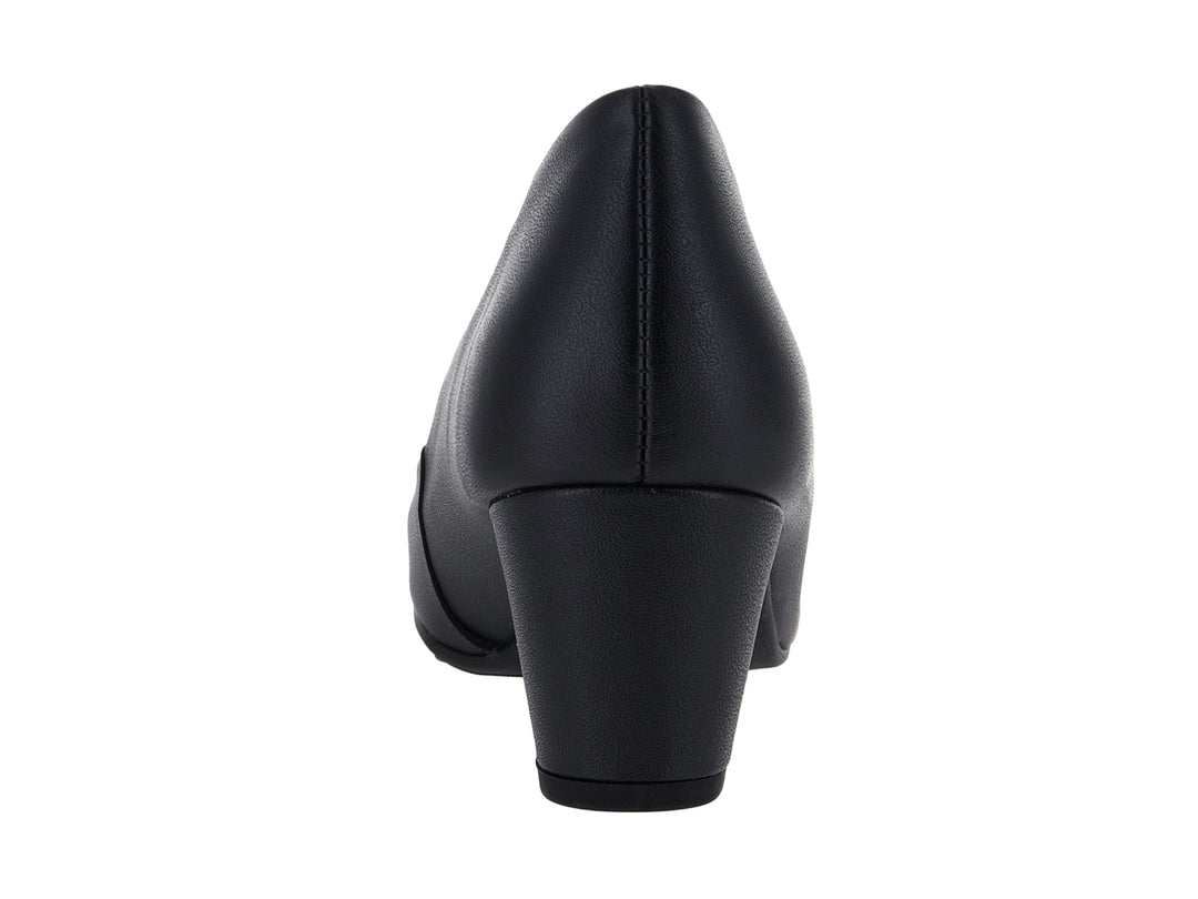 Zapato negro de tacón bajo y cuadrado para mujer, diseño clásico y confortable.
