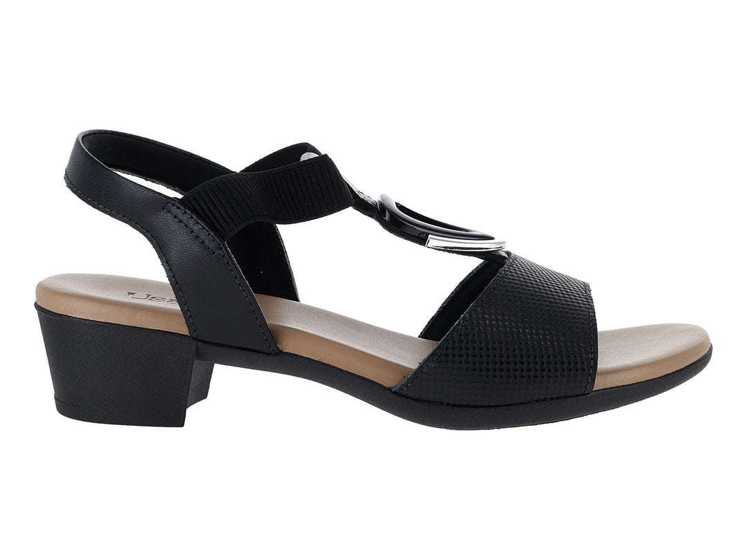 Sandalia USAFLEX color negro para mujer con tacón bajo y correa ajustable.