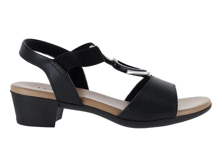 Sandalia USAFLEX color negro para mujer con tacón bajo y correa ajustable.