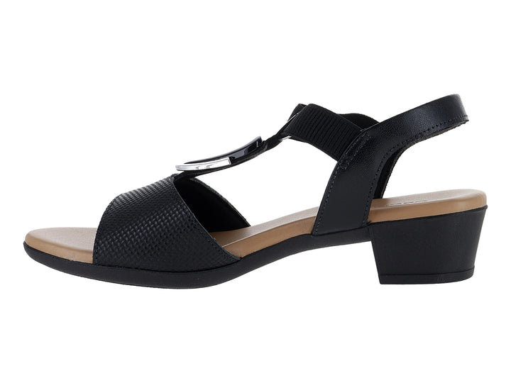 Sandalia USAFLEX color negro para mujer con tacón bajo y correa ajustable.