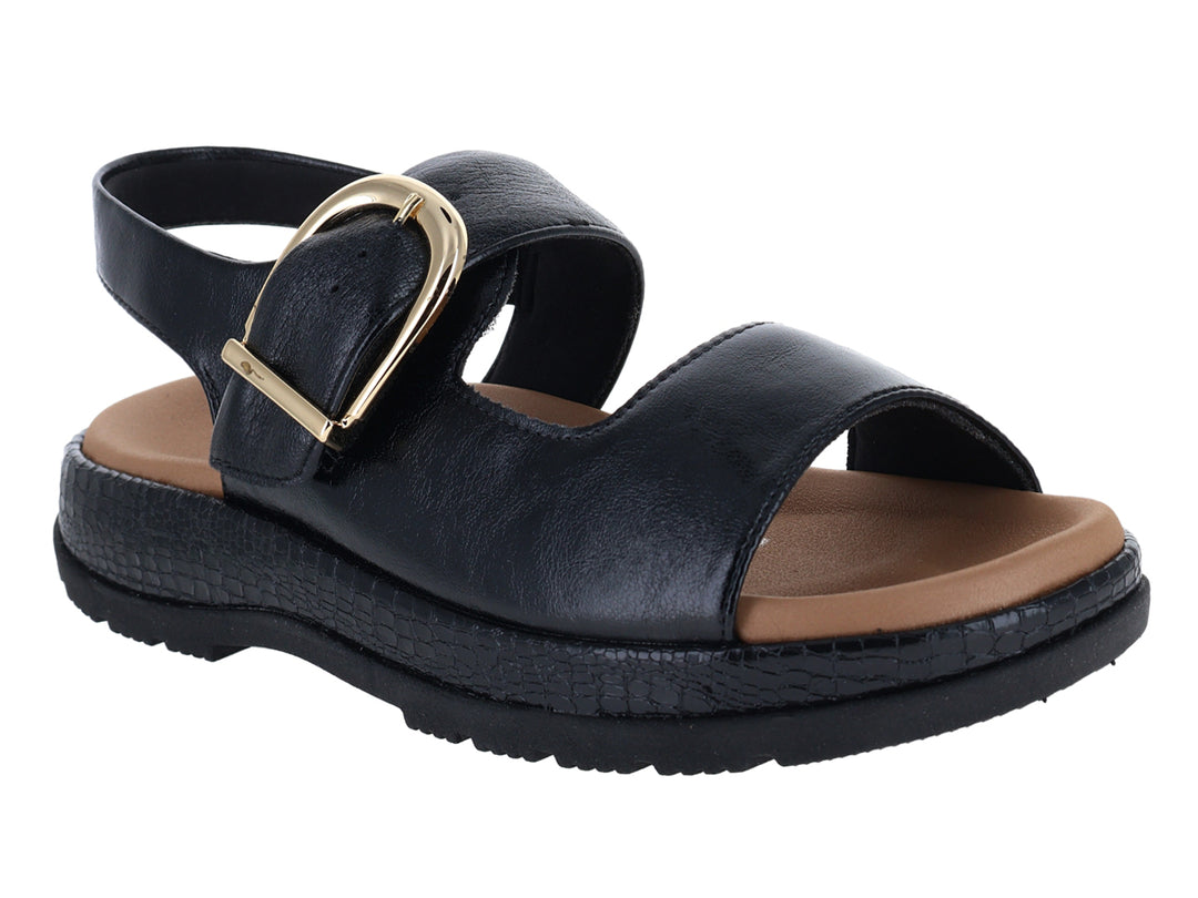 Sandalias negras de confort Ramarim con hebilla dorada y suela texturizada
