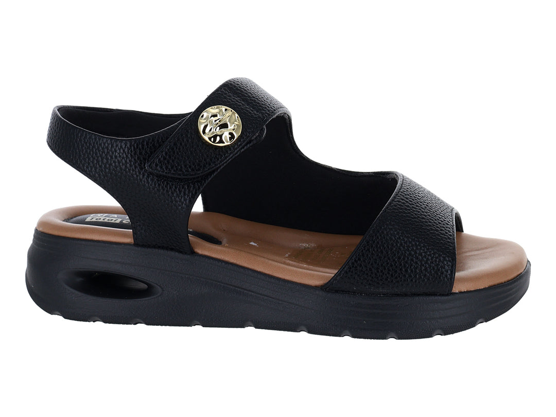 Sandalias negras de confort Ramarim con suela gruesa y plantilla color café para mujer.