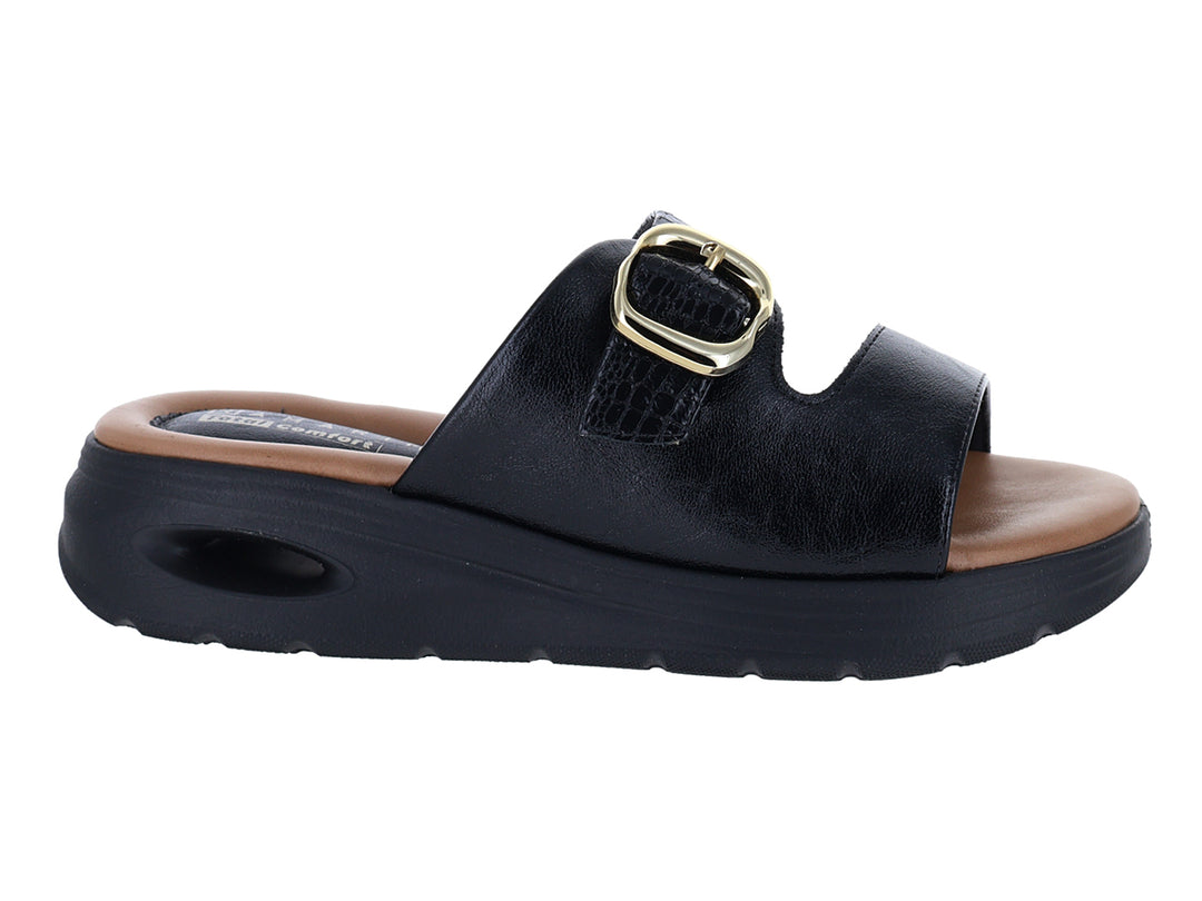 Sandalias negras de confort con hebilla dorada y plantilla color café.