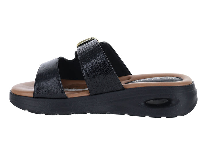 Sandalias negras de confort con hebilla dorada y plantilla color café.