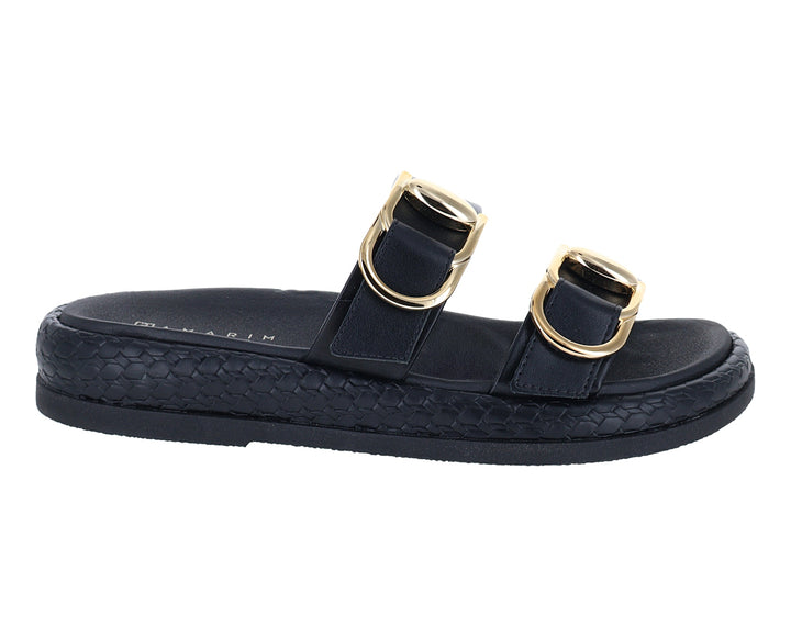 Sandalias negras de plataforma con hebillas doradas y detalle trenzado en la suela.