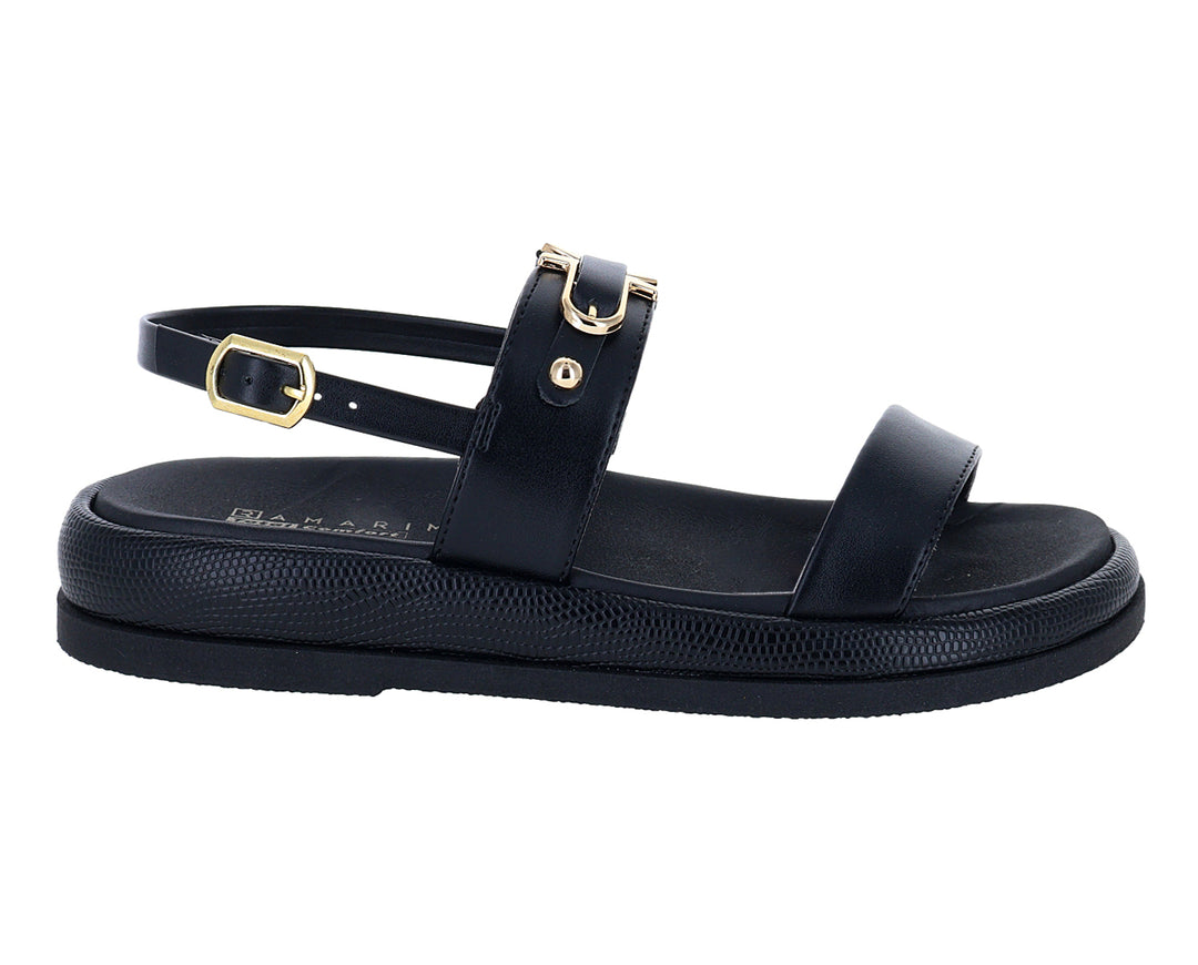 Sandalias negras Ramarim para mujer con hebillas doradas y suela gruesa texturizada.