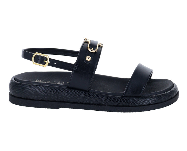 Sandalias negras Ramarim para mujer con hebillas doradas y suela gruesa texturizada.