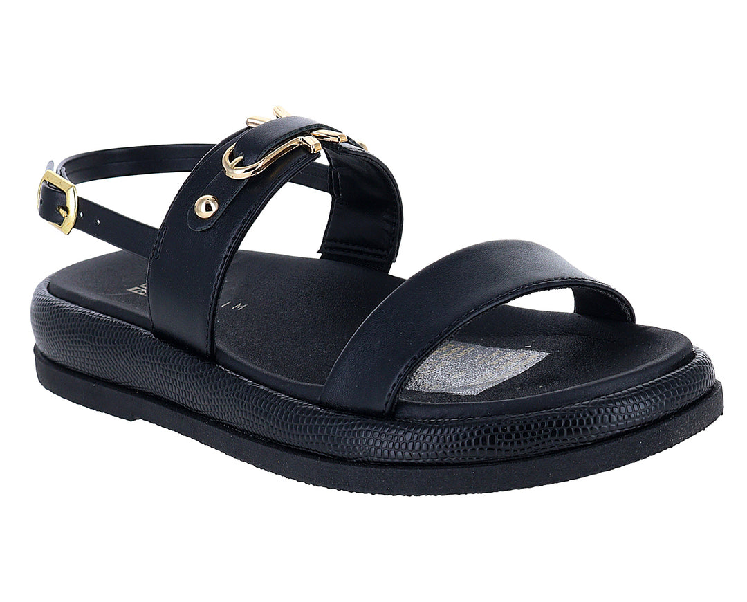 Sandalias negras Ramarim para mujer con hebillas doradas y suela gruesa texturizada.