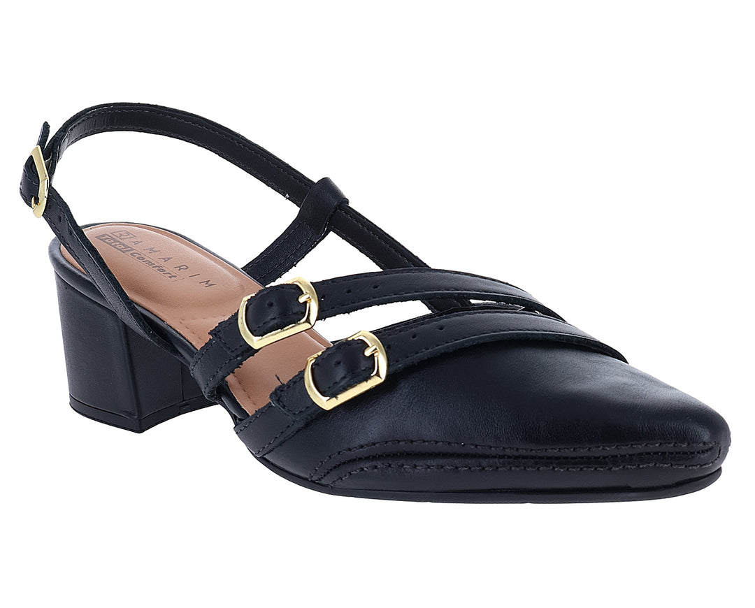 Zapato negro para mujer de tacón cuadrado con correas y hebillas doradas.