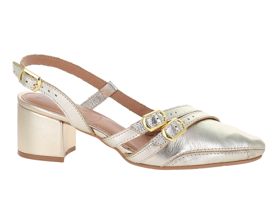 Zapato cerrado color oro para mujer con tacón cuadrado y hebillas decorativas