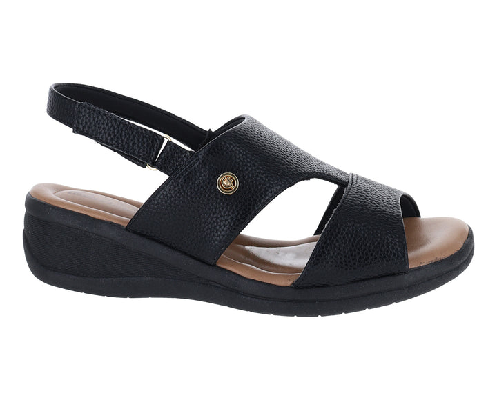 Sandalia negra de confort Ramarim con suela de cuña y plantilla beige para mujer.