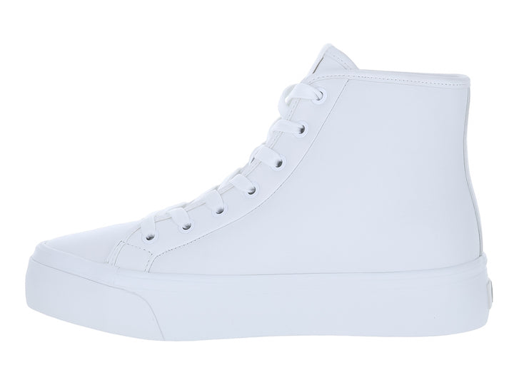 Tenis blancos de bota marca Calvin Klein con suela de plataforma y acabado en cuero.