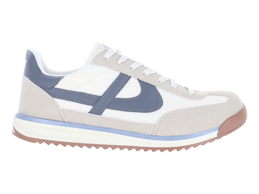 Tenis Panam color latte gris y blanco con detalles azules y suela color café.