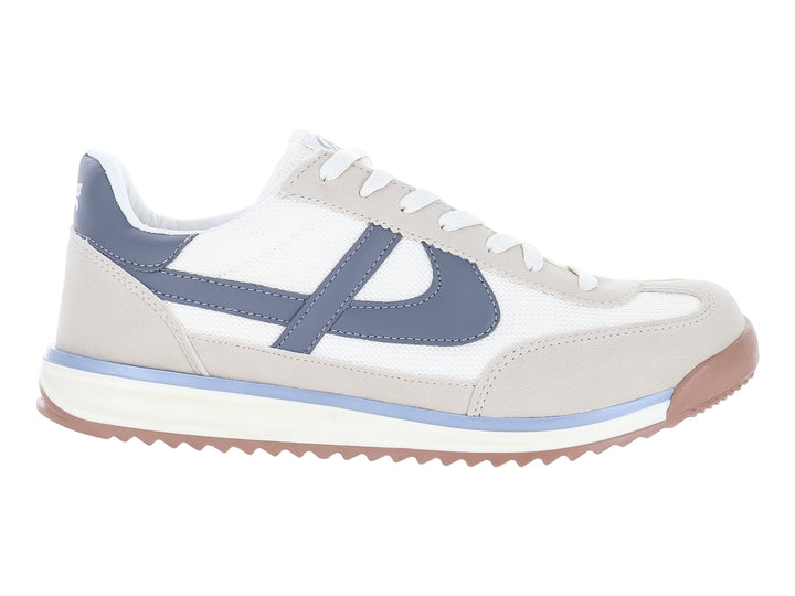 Tenis Panam color latte gris y blanco con detalles azules y suela color café.