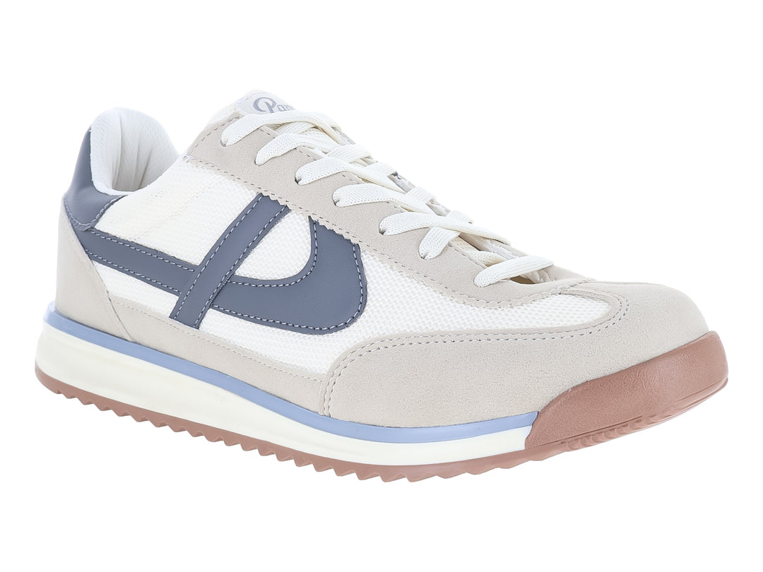 Tenis Panam color latte gris y blanco con detalles azules y suela color café.