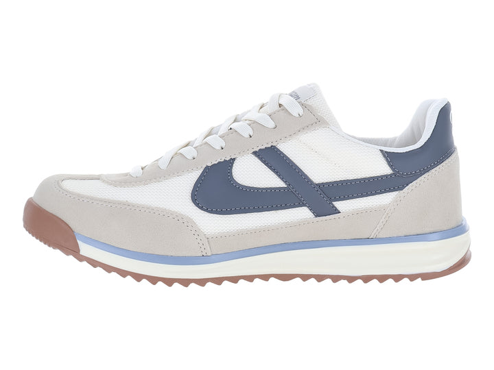 Tenis Panam color latte gris y blanco con detalles azules y suela color café.