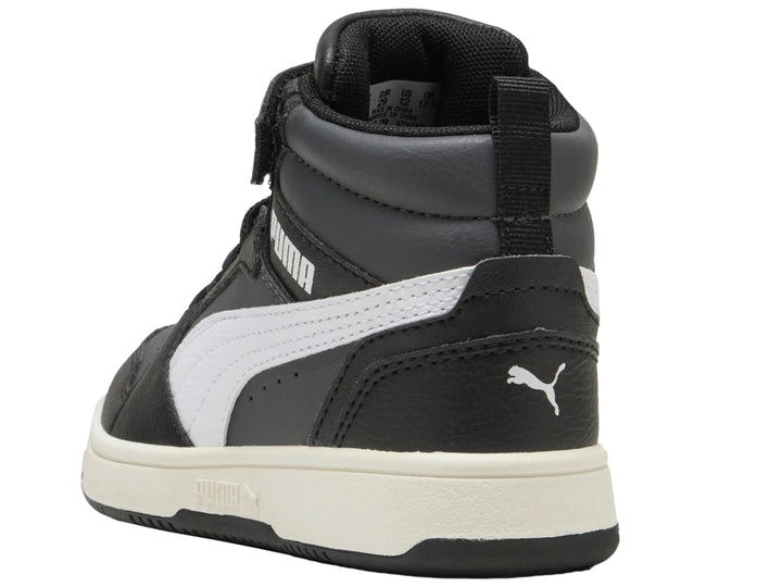 Tenis PUMA Rebound V6 Mid AC+ PS color negro con detalles y suela en blanco.
