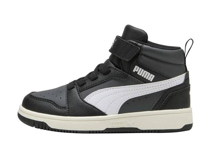 Tenis PUMA Rebound V6 Mid AC+ PS color negro con detalles y suela en blanco.