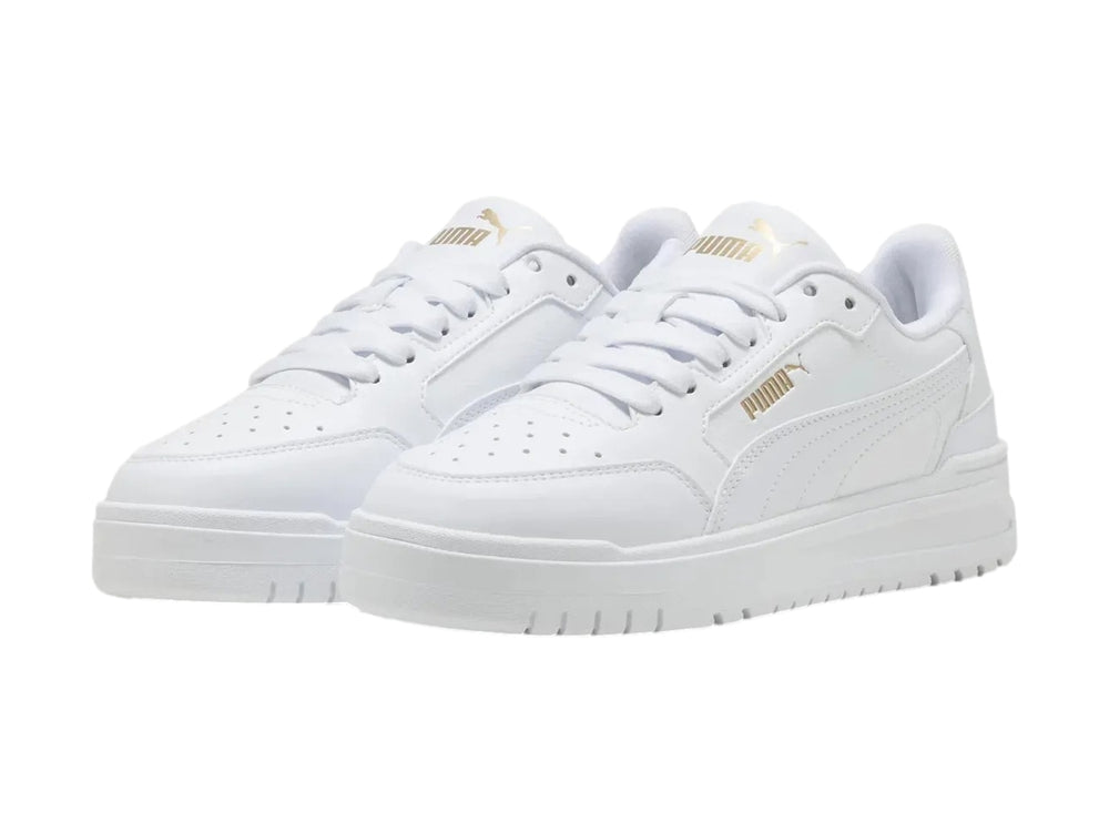 Tenis PUMA Shuffle Downtown Lo JR en color blanco total con suela ancha para niños.