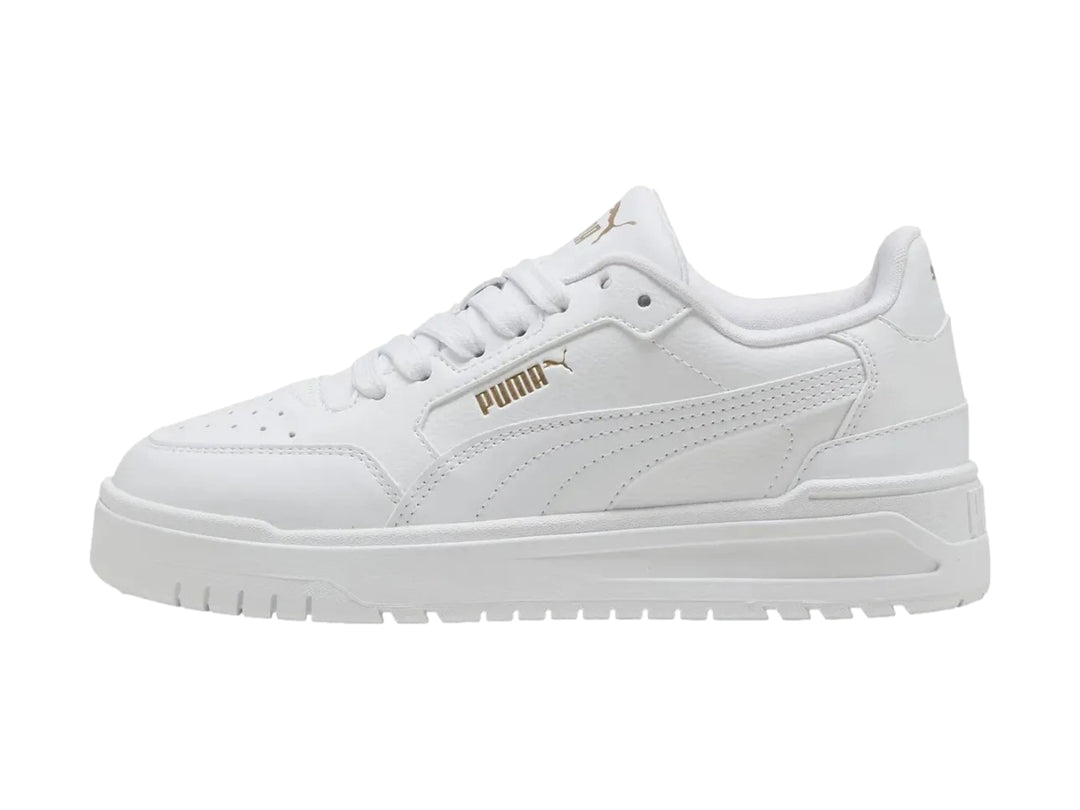 Tenis PUMA Shuffle Downtown Lo JR en color blanco total con suela ancha para niños.