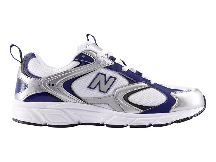 Tenis New Balance 408 para hombre en color blanco con detalles en azul y plata.