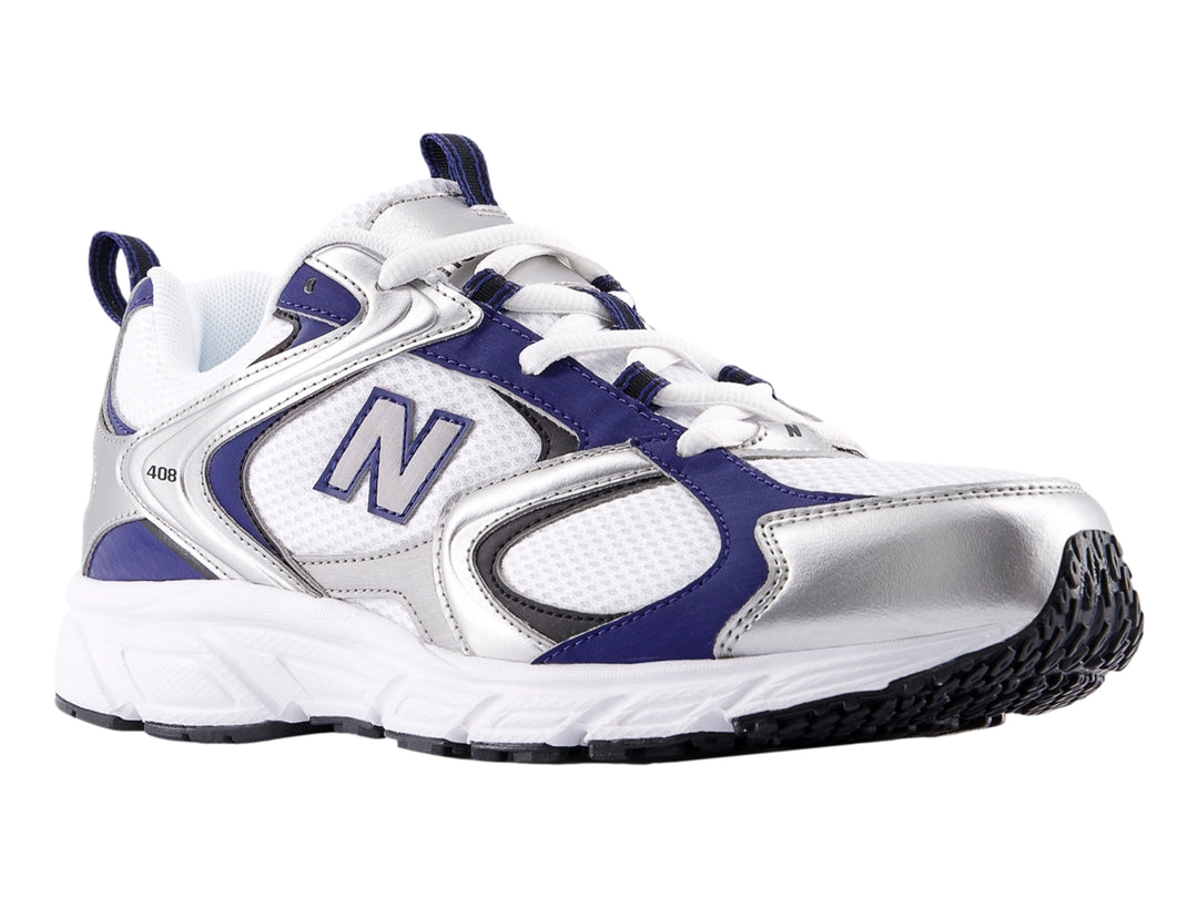 Tenis New Balance 408 para hombre en color blanco con detalles en azul y plata.