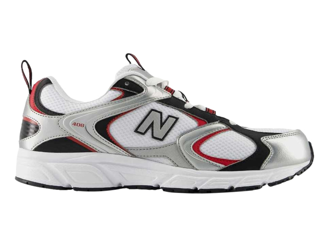 Tenis New Balance 408 blancos con detalles en plata y rojo para hombre.