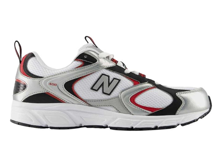 Tenis New Balance 408 blancos con detalles en plata y rojo para hombre.
