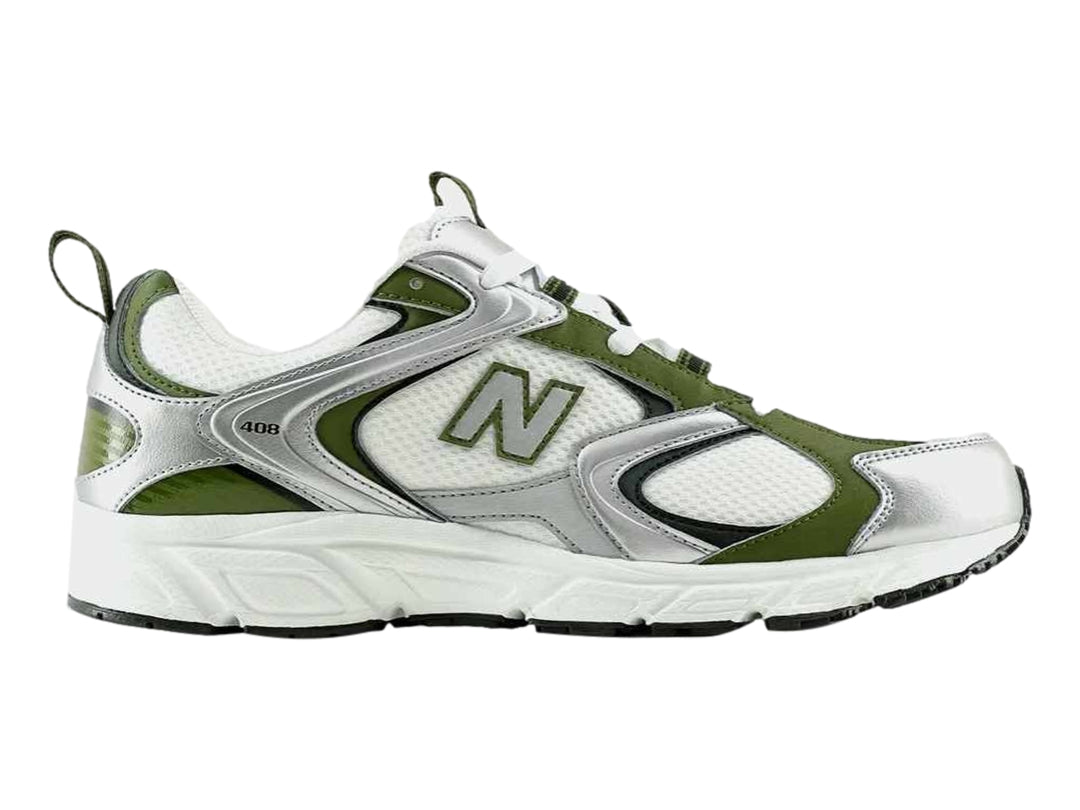 Tenis New Balance 408 para hombre en color blanco con detalles en verde y plateado.