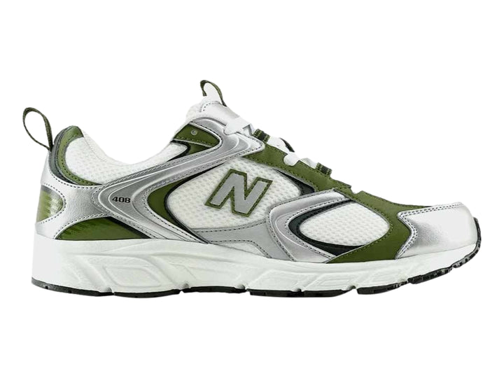 Tenis New Balance 408 para hombre en color blanco con detalles en verde y plateado.