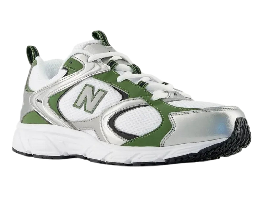 Tenis New Balance 408 para hombre en color blanco con detalles en verde y plateado.