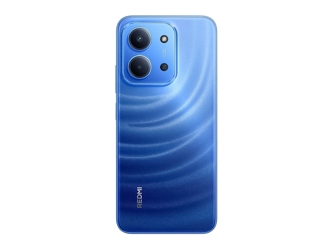 Vista posterior de un teléfono celular Xiaomi Redmi color azul brillante con cámaras integradas.