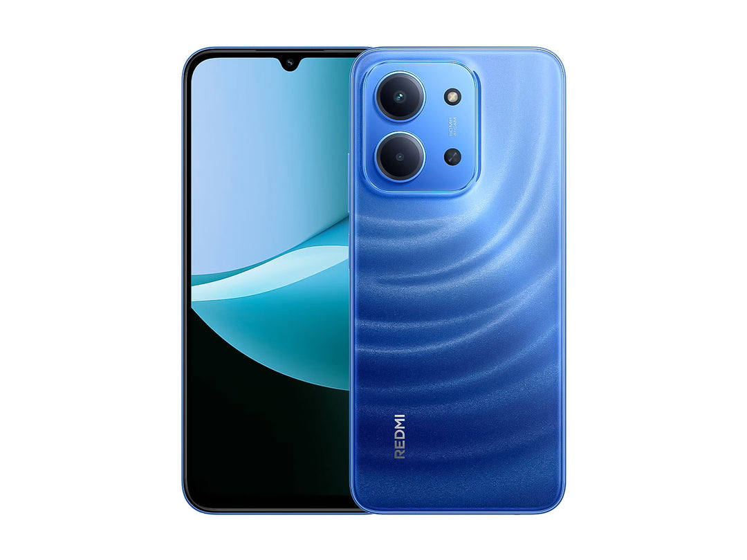 Vista posterior de un teléfono celular Xiaomi Redmi color azul brillante con cámaras integradas.