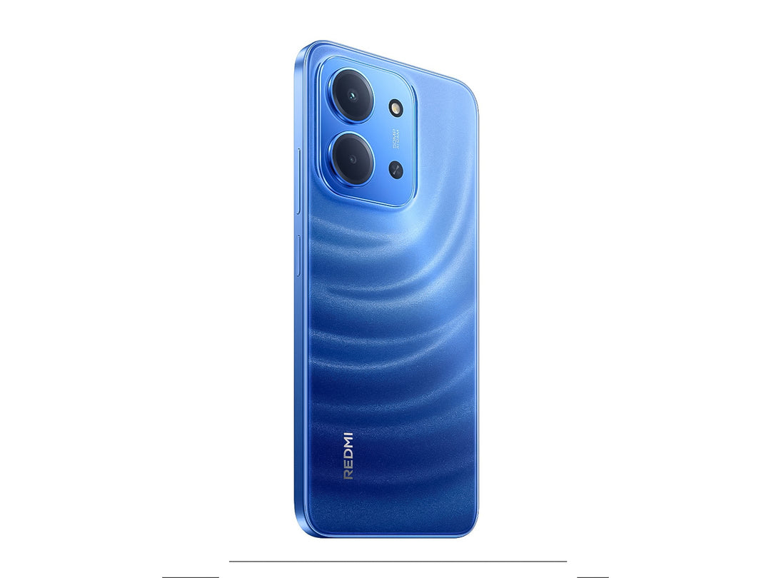 Vista posterior de un teléfono celular Xiaomi Redmi color azul brillante con cámaras integradas.