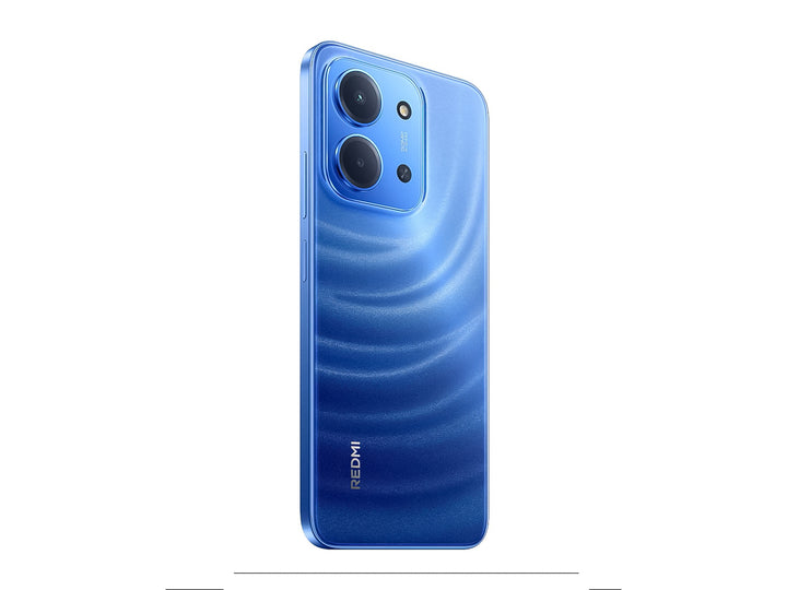 Vista posterior de un teléfono celular Xiaomi Redmi color azul brillante con cámaras integradas.