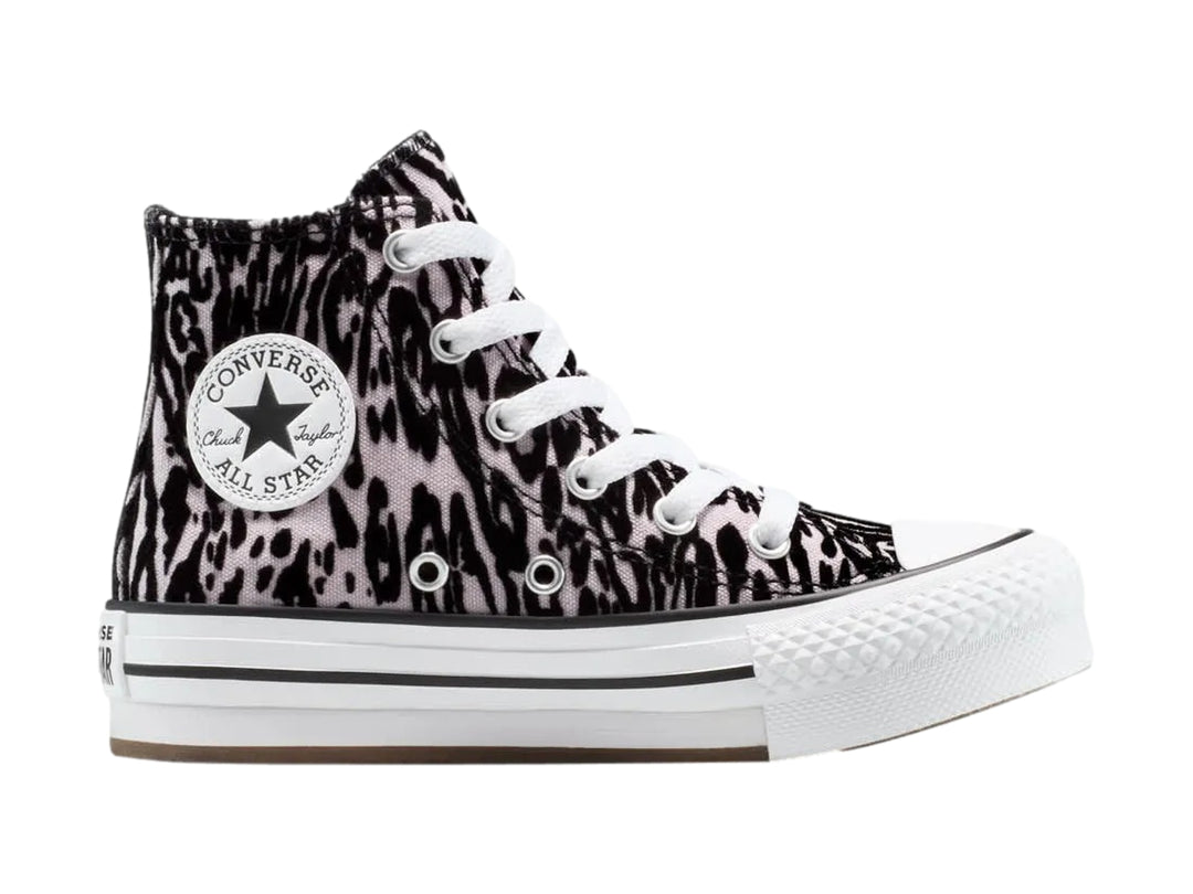 Tenis Converse Chuck Taylor All Star de bota con estampado animal print en rosa y negro y suela de plataforma blanca.