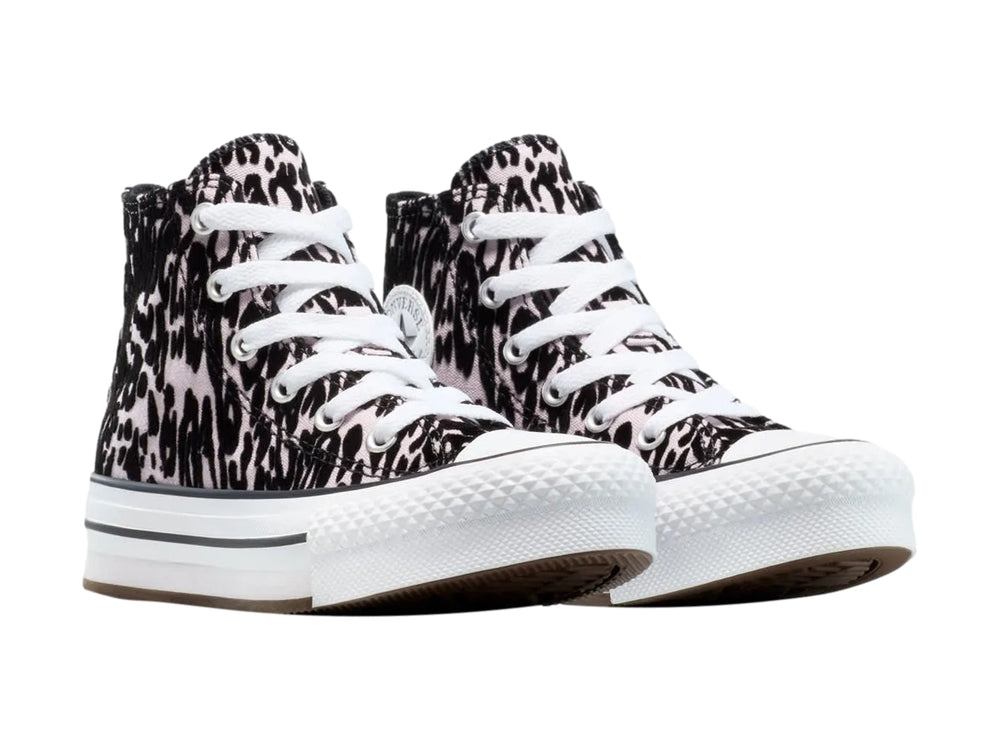 Tenis Converse Chuck Taylor All Star de bota con estampado animal print en rosa y negro y suela de plataforma blanca.