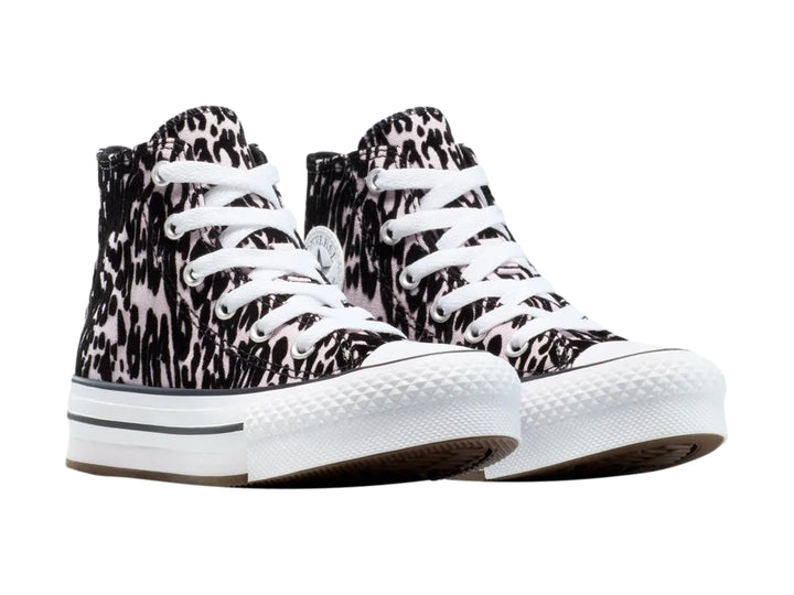 Tenis Converse Chuck Taylor All Star de bota con estampado animal print en rosa y negro y suela de plataforma blanca.